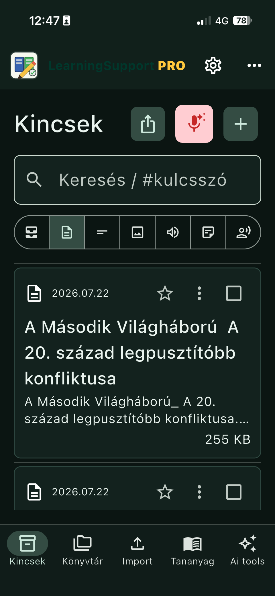 A LearningSupport Kincsek képernyője